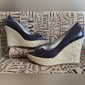 Jessica Simpson Size 9 Black Peep Toe Espadrille Wedges